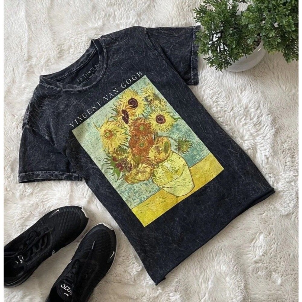 Fifth Sun Van Gogh Sunflowers Acid Wash T-Shirt S